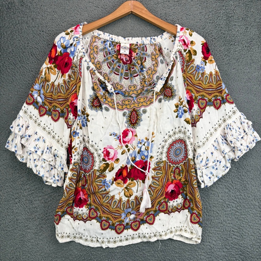 Bila Womens Medium Floral Paisley Boho Peasant Top Ruffle Sleeve Tassel White